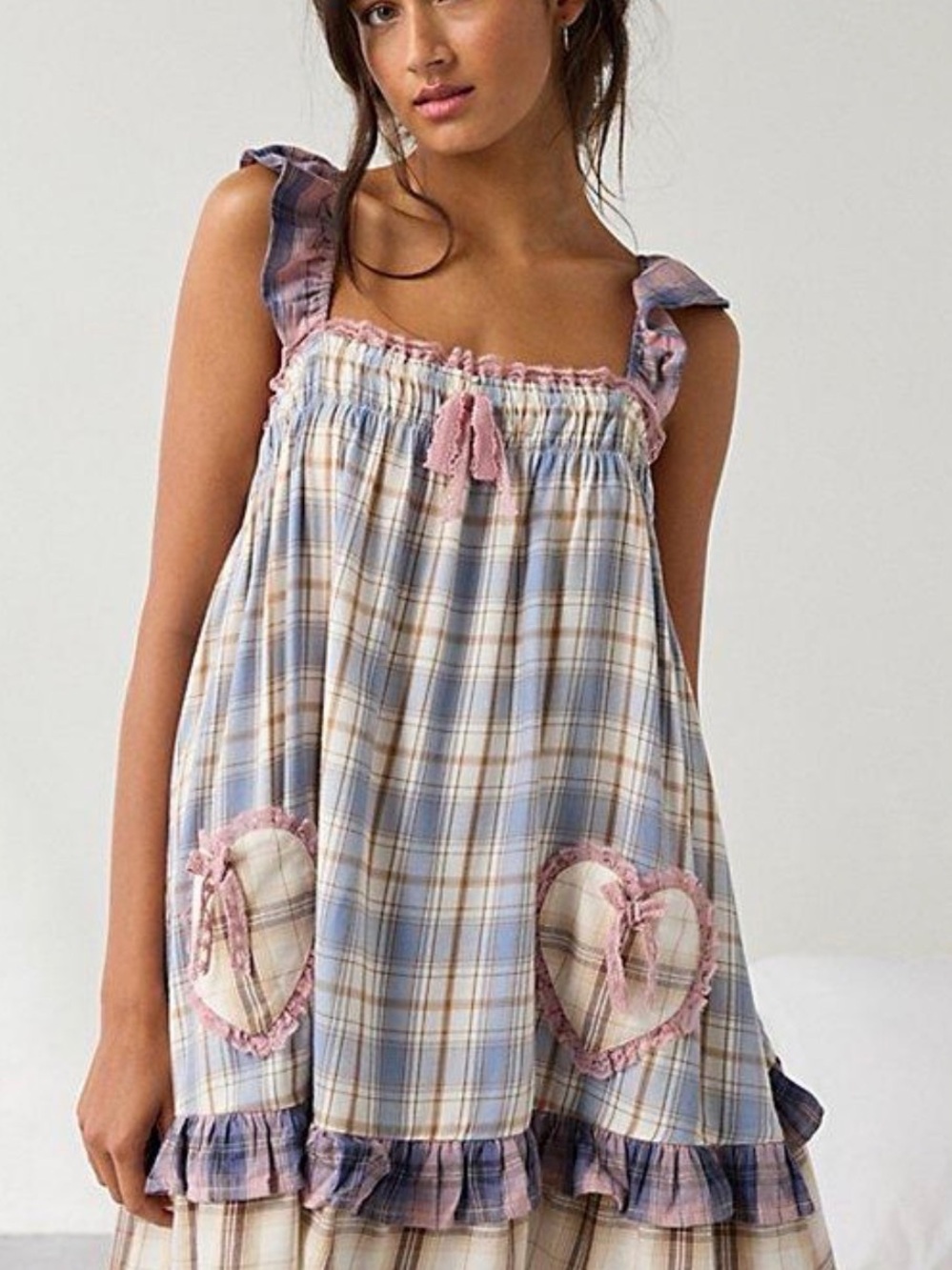 Urban Outfitters Blue & Pink Plaid Ruffle Mini Dress - Picture 1 of 8